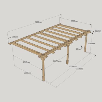 Wall Mounted Double Premium Pergola - 3000mm x 7200mm - 3 Post