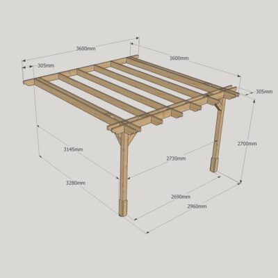 Wall Mounted Double Premium Pergola - 3600mm x 3600mm - 2 Post