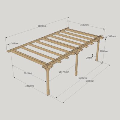 Wall Mounted Double Premium Pergola - 3600mm x 6600mm - 3 Post