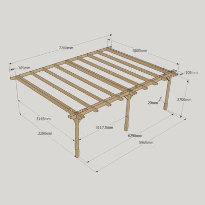 Wall Mounted Double Premium Pergola - 3600mm x 7200mm - 3 Post