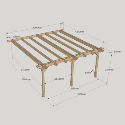 Wall Mounted Double Premium Pergola - 4200mm x 4200mm - 3 Post