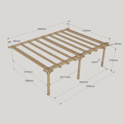 Wall Mounted Double Premium Pergola - 4200mm x 6600mm - 3 Post