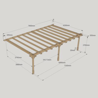 Wall Mounted Double Premium Pergola - 4200mm x 7800mm - 3 Post