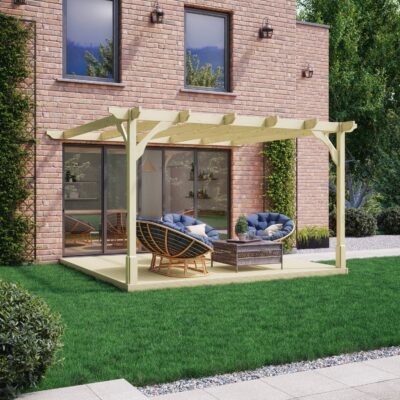 Wall Mounted Premium Pergola with Decking Kit - Light Green - Front Side View